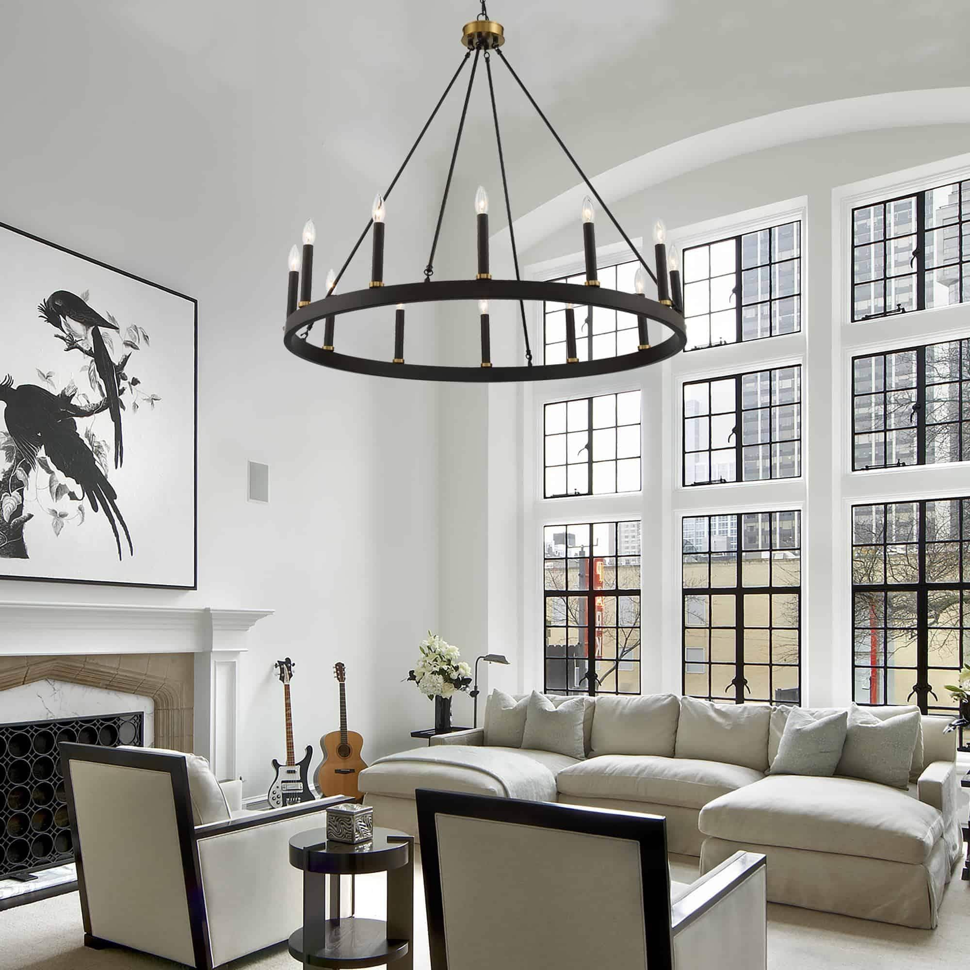 Lustre Acroma style ferme à 12 lumières, forme roue de chariot, 101,6 cm (40 po), homologué UL - 101,6 cm (40 po) de profondeur x 350 cm (138 po) de hauteur