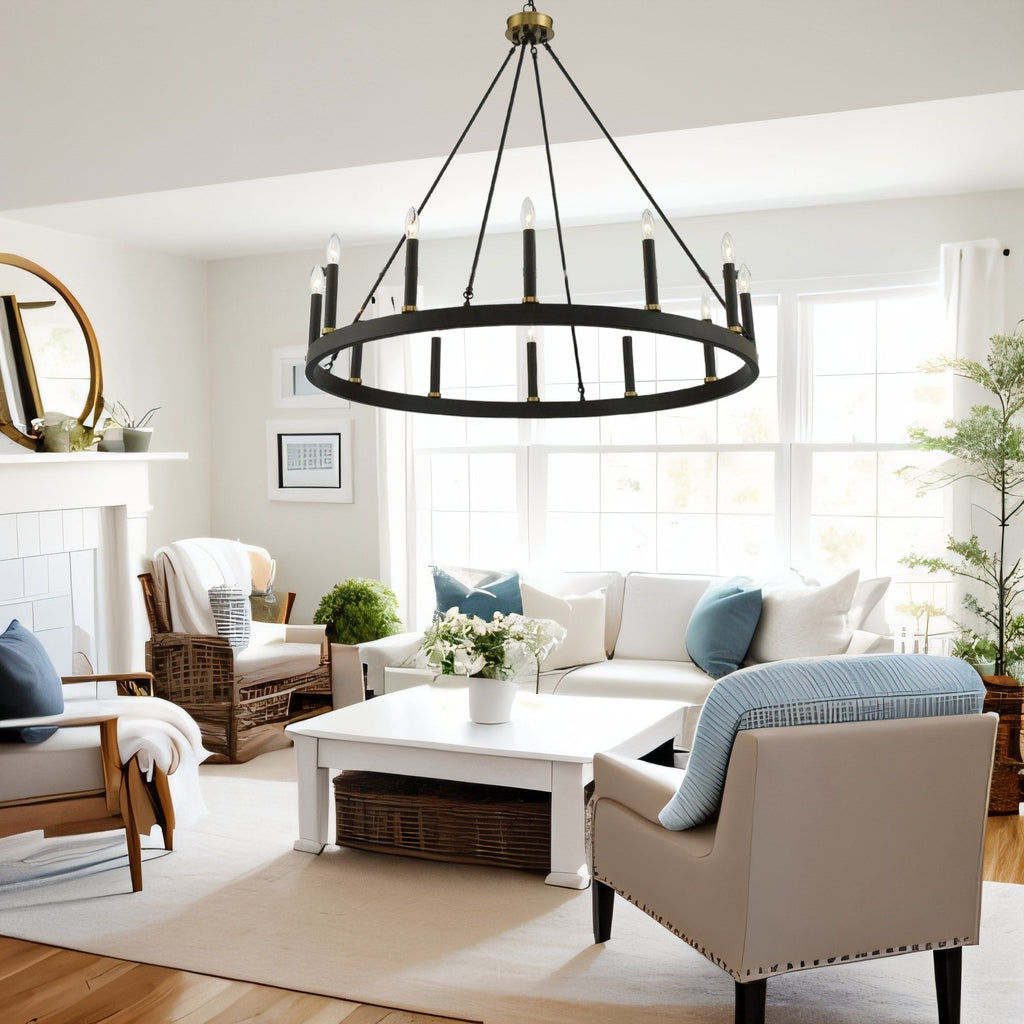 Lustre Acroma style ferme à 12 lumières, forme roue de chariot, 101,6 cm (40 po), homologué UL - 101,6 cm (40 po) de profondeur x 350 cm (138 po) de hauteur