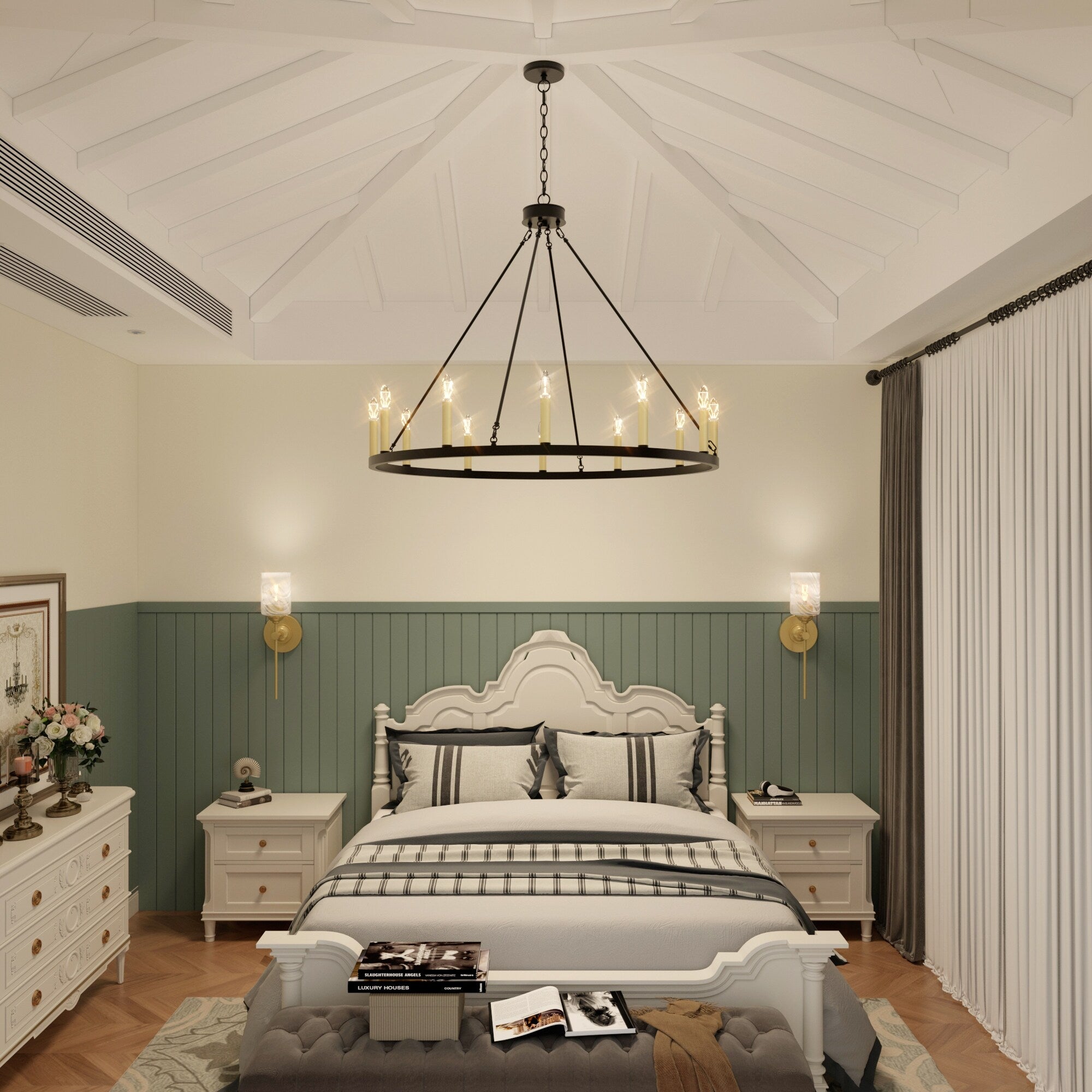 Lustre Acroma style ferme à 12 lumières, forme roue de chariot, 101,6 cm (40 po), homologué UL - 101,6 cm (40 po) de profondeur x 350 cm (138 po) de hauteur