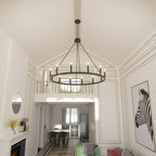 Lustre Acroma style ferme à 12 lumières, forme roue de chariot, 101,6 cm (40 po), homologué UL - 101,6 cm (40 po) de profondeur x 350 cm (138 po) de hauteur