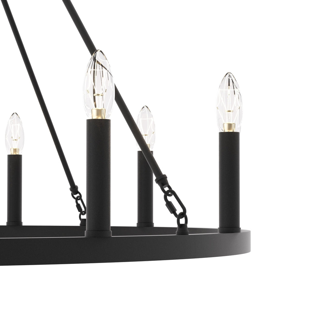 Lustre Acroma style ferme à 12 lumières, forme roue de chariot, 101,6 cm (40 po), homologué UL - 101,6 cm (40 po) de profondeur x 350 cm (138 po) de hauteur