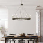 Lustre Acroma style ferme à 12 lumières, forme roue de chariot, 101,6 cm (40 po), homologué UL - 101,6 cm (40 po) de profondeur x 350 cm (138 po) de hauteur