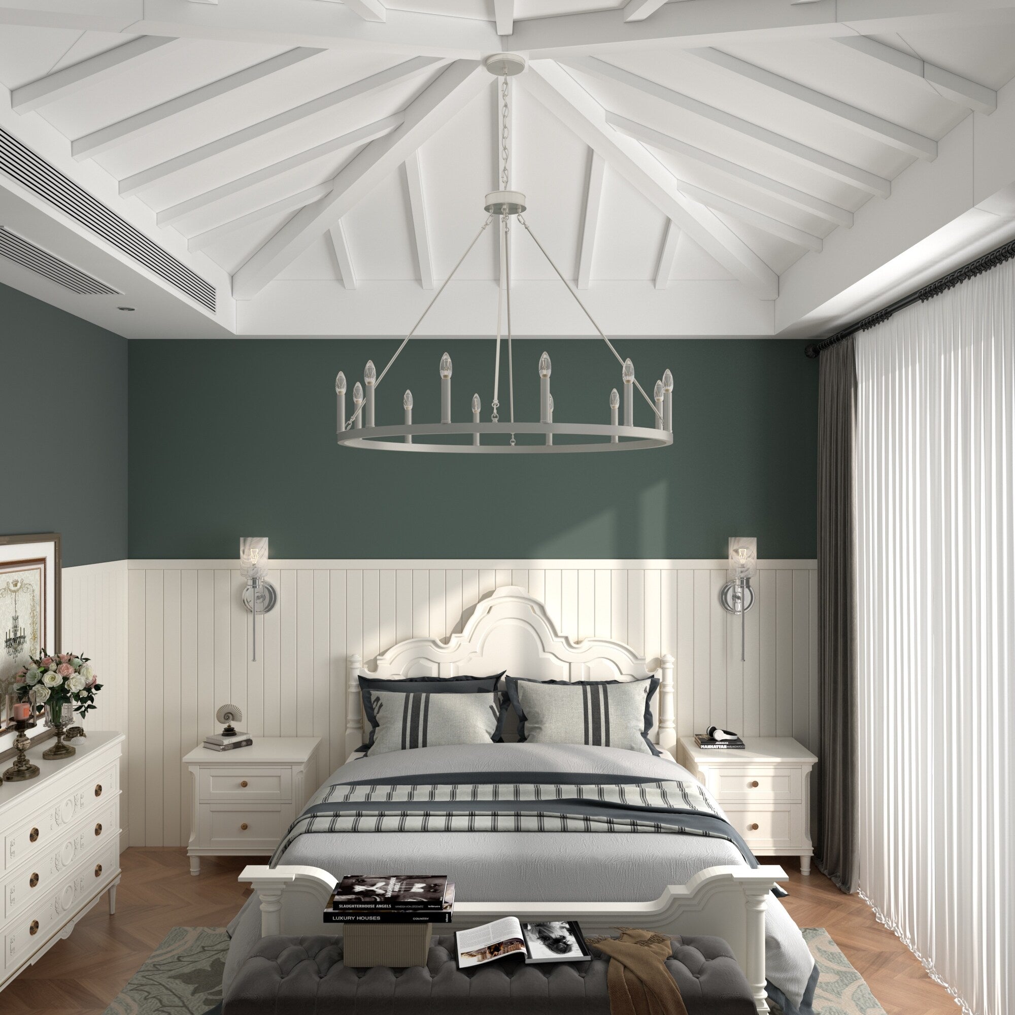 Lustre Acroma style ferme à 12 lumières, forme roue de chariot, 101,6 cm (40 po), homologué UL - 101,6 cm (40 po) de profondeur x 350 cm (138 po) de hauteur