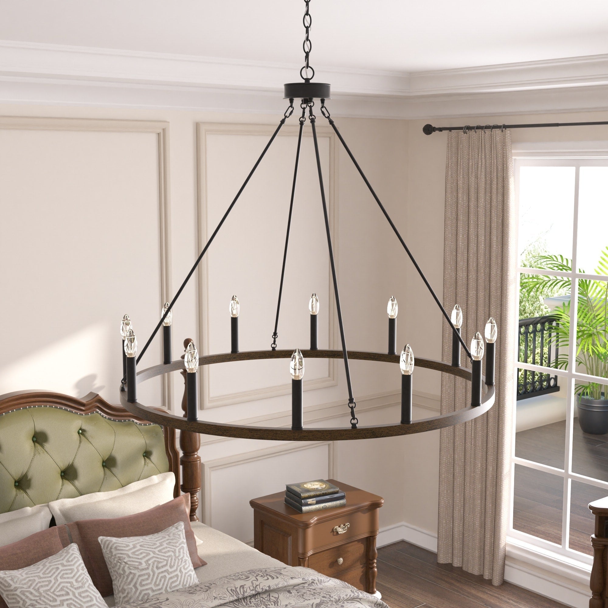 Lustre Acroma style ferme à 12 lumières, forme roue de chariot, 101,6 cm (40 po), homologué UL - 101,6 cm (40 po) de profondeur x 350 cm (138 po) de hauteur