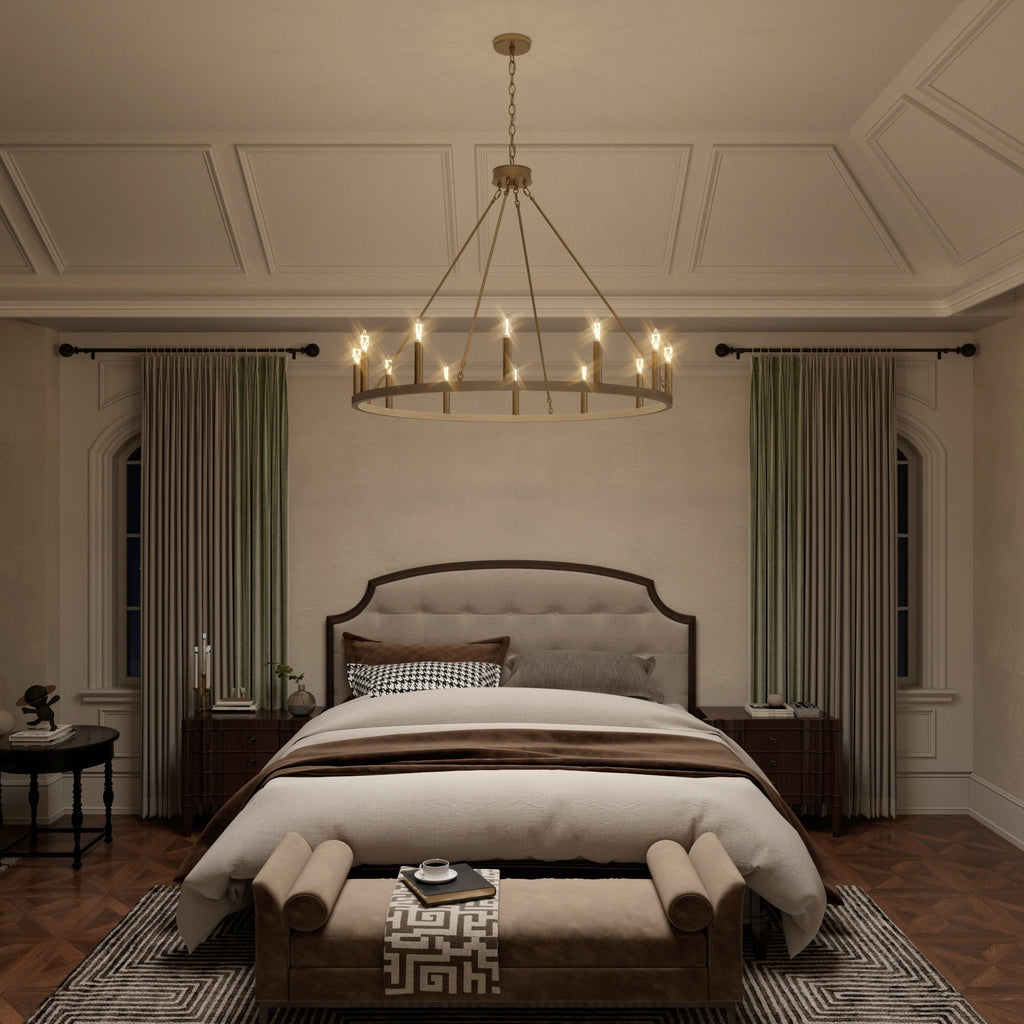 Lustre Acroma style ferme à 12 lumières, forme roue de chariot, 101,6 cm (40 po), homologué UL - 101,6 cm (40 po) de profondeur x 350 cm (138 po) de hauteur