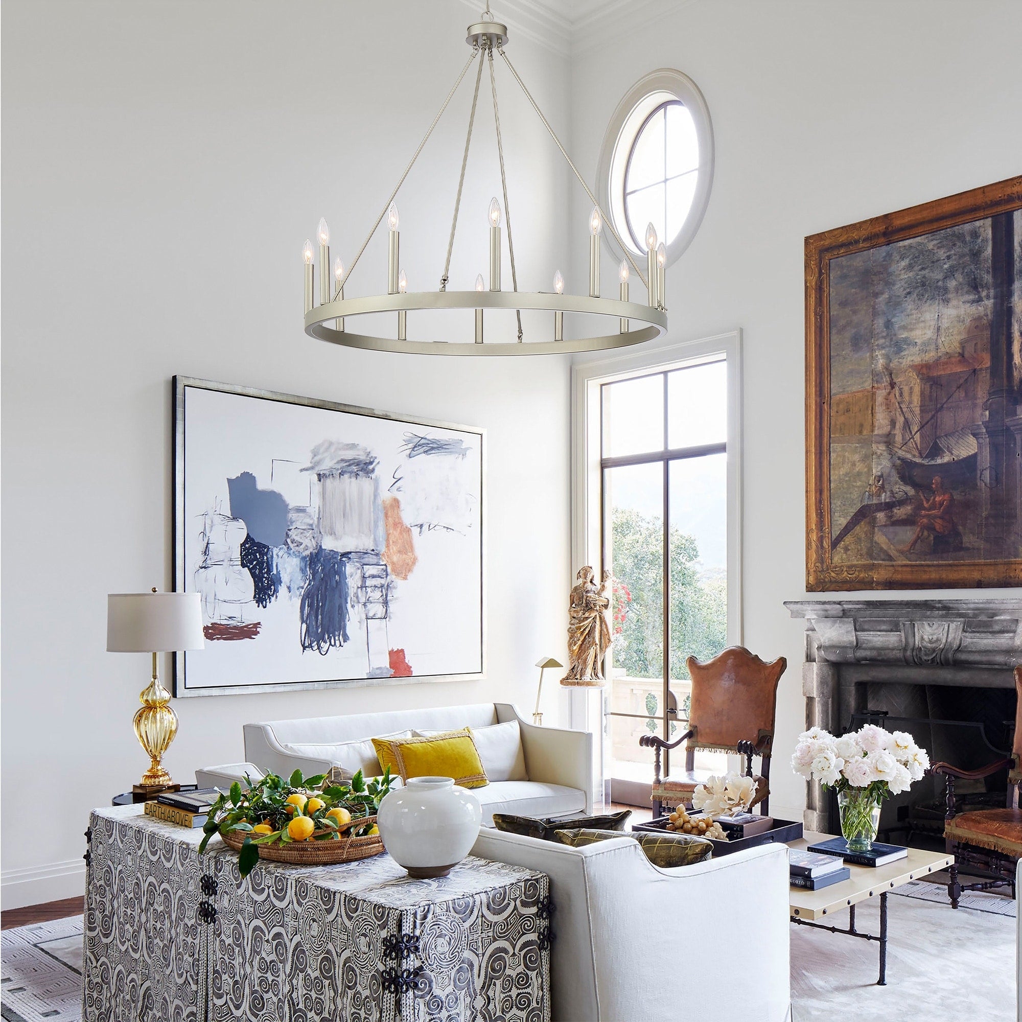 Lustre Acroma style ferme à 12 lumières, forme roue de chariot, 101,6 cm (40 po), homologué UL - 101,6 cm (40 po) de profondeur x 350 cm (138 po) de hauteur