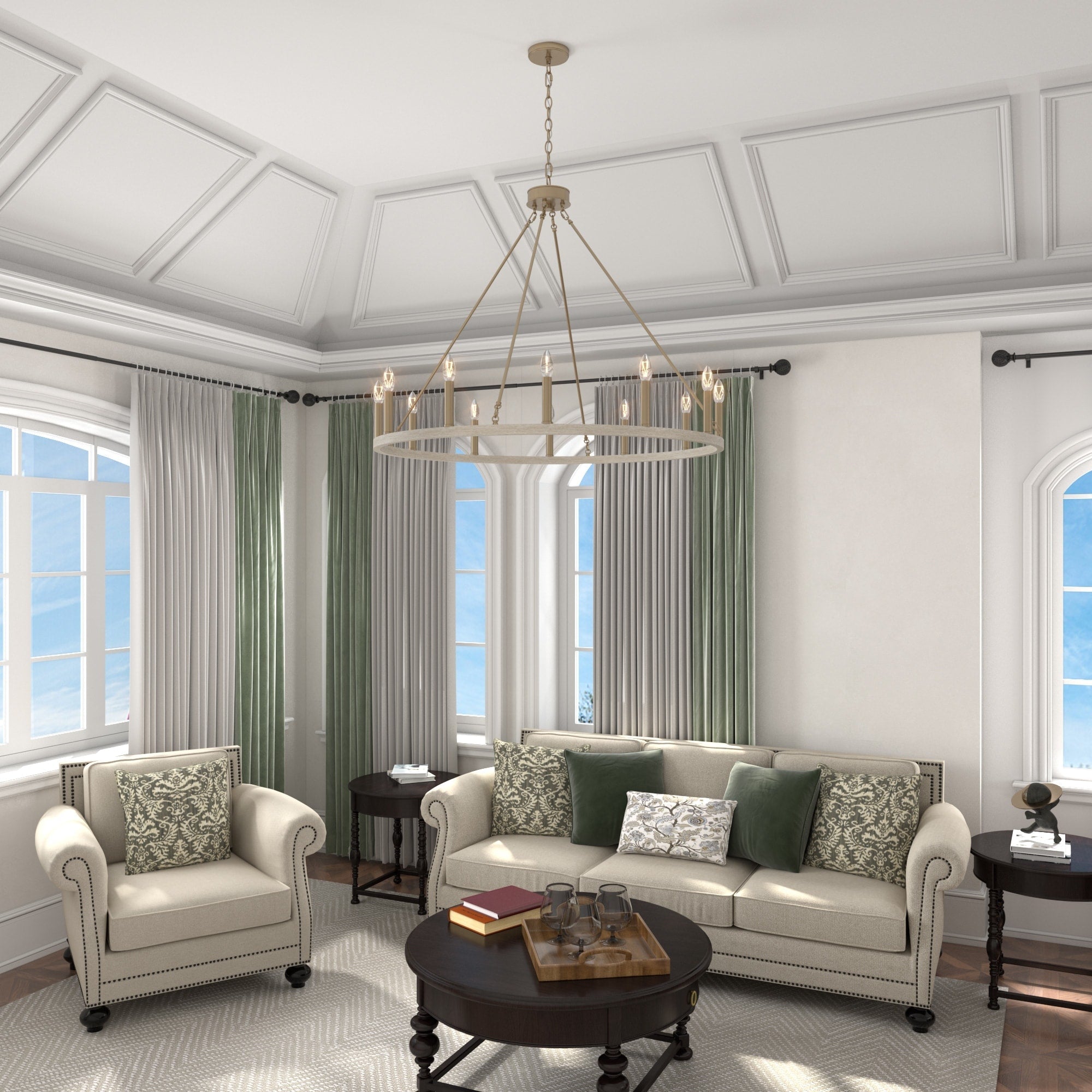 Lustre Acroma style ferme à 12 lumières, forme roue de chariot, 101,6 cm (40 po), homologué UL - 101,6 cm (40 po) de profondeur x 350 cm (138 po) de hauteur