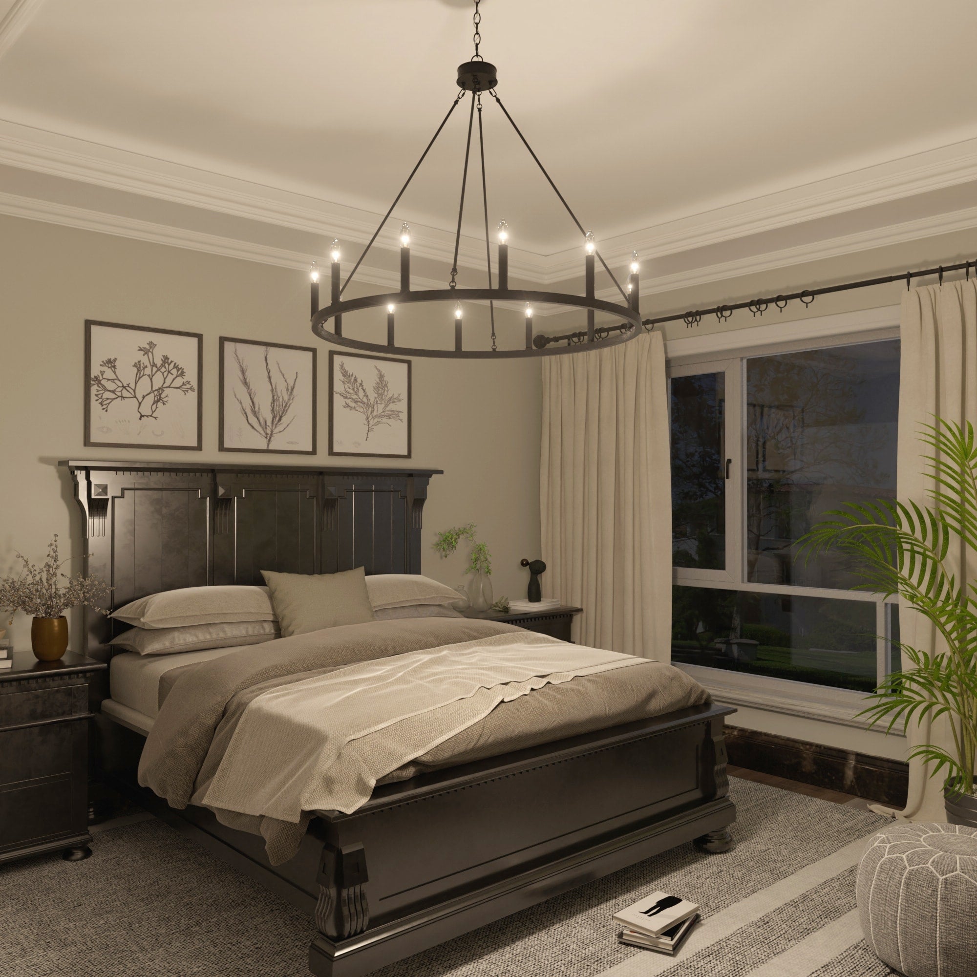 Lustre Acroma style ferme à 12 lumières, forme roue de chariot, 101,6 cm (40 po), homologué UL - 101,6 cm (40 po) de profondeur x 350 cm (138 po) de hauteur