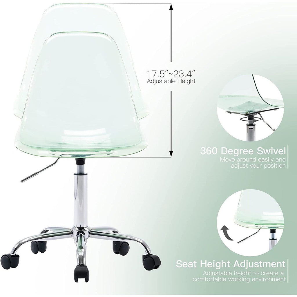 Chaise de bureau à roulettes pivotante en acrylique, sans accoudoirs et réglable en hauteur