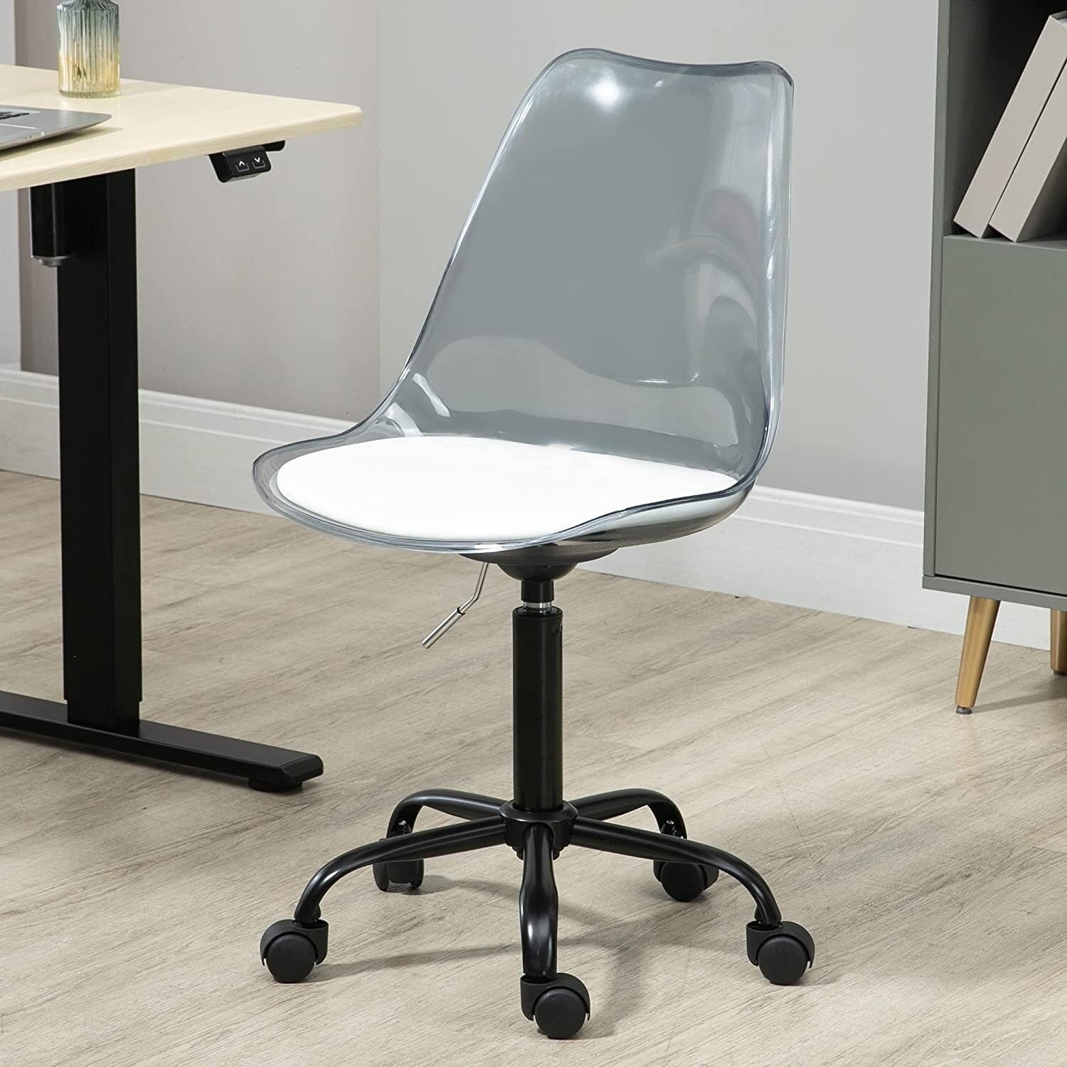 Chaise de bureau à roulettes pivotante en acrylique, sans accoudoirs et réglable en hauteur