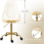 Chaise de bureau à roulettes pivotante en acrylique, sans accoudoirs et réglable en hauteur
