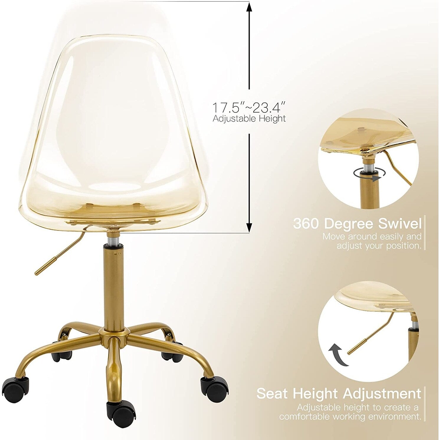 Chaise de bureau à roulettes pivotante en acrylique, sans accoudoirs et réglable en hauteur