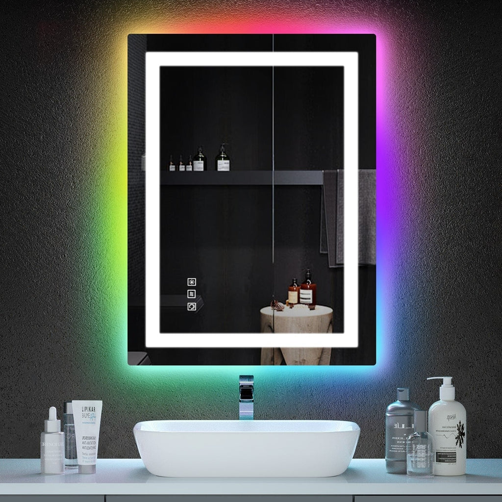 Miroir de salle de bain antibuée rétroéclairé RGB et éclairé par LED