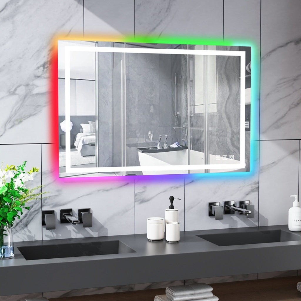 Miroir de salle de bain antibuée rétroéclairé RGB et éclairé par LED