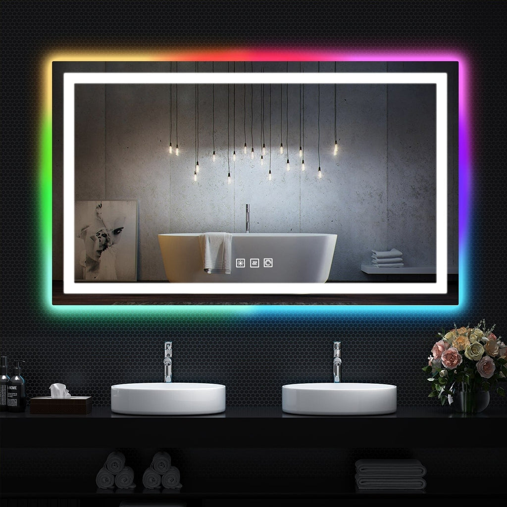 Miroir de salle de bain antibuée rétroéclairé RGB et éclairé par LED
