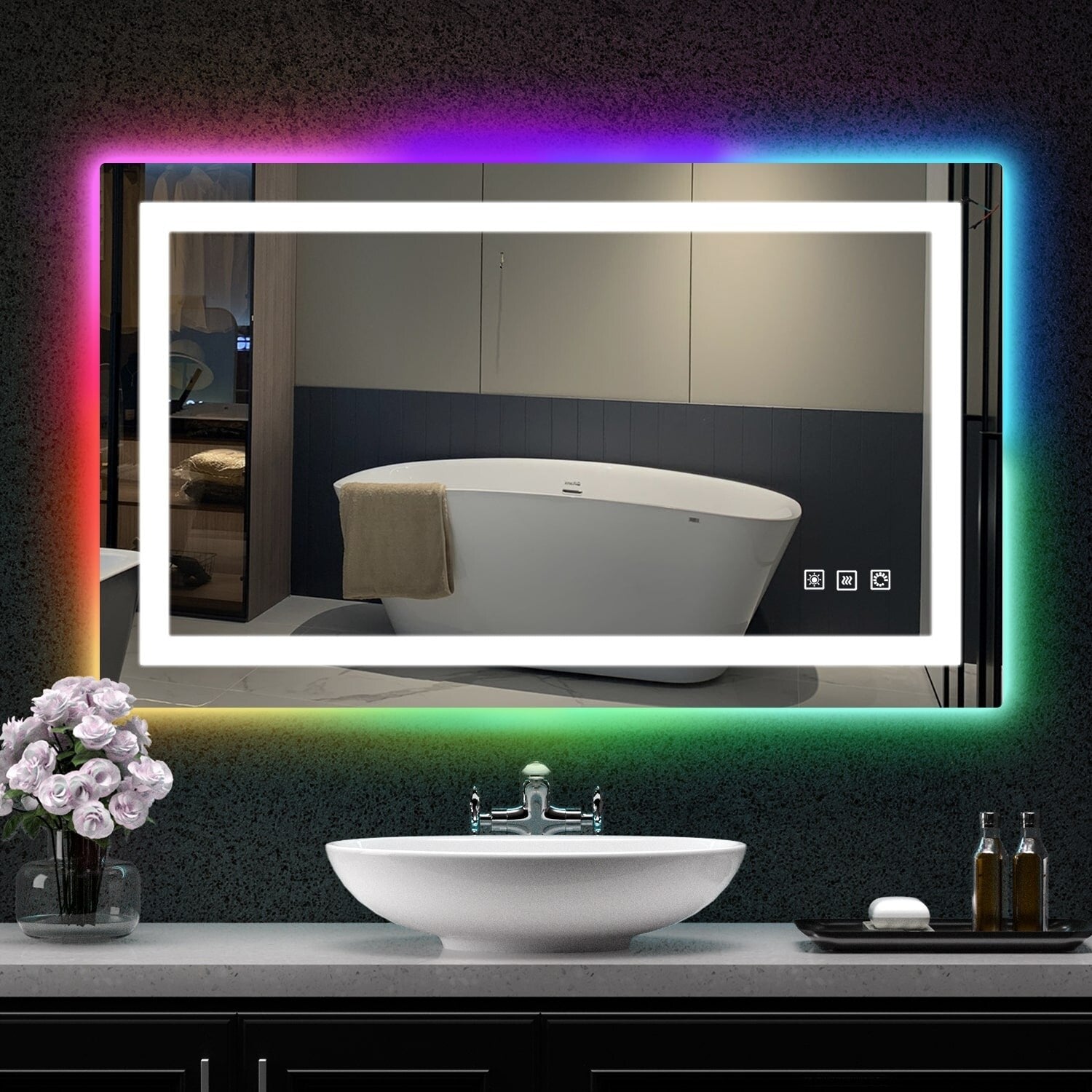 Miroir de salle de bain antibuée rétroéclairé RGB et éclairé par LED