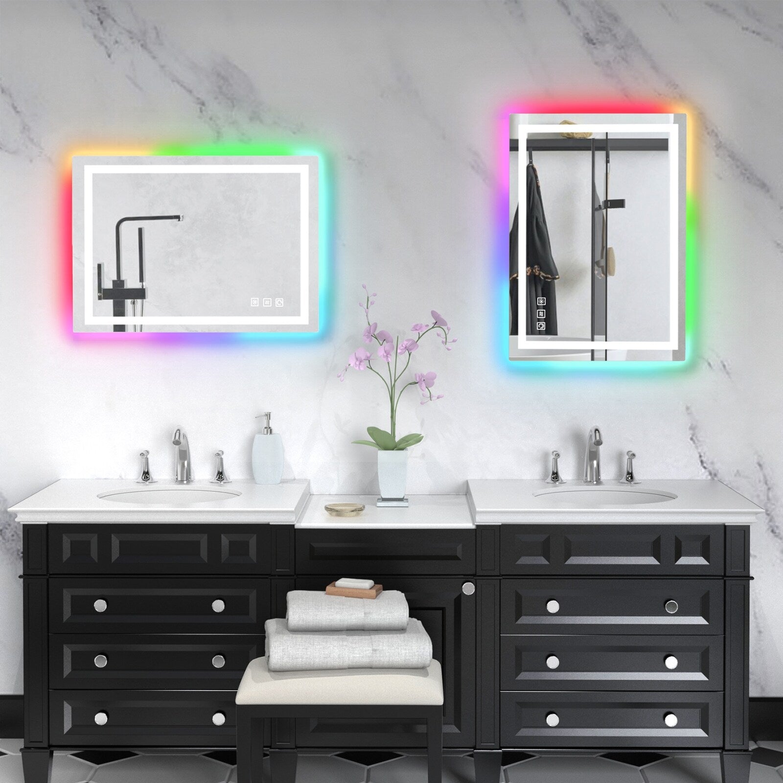 Miroir de salle de bain antibuée rétroéclairé RGB et éclairé par LED