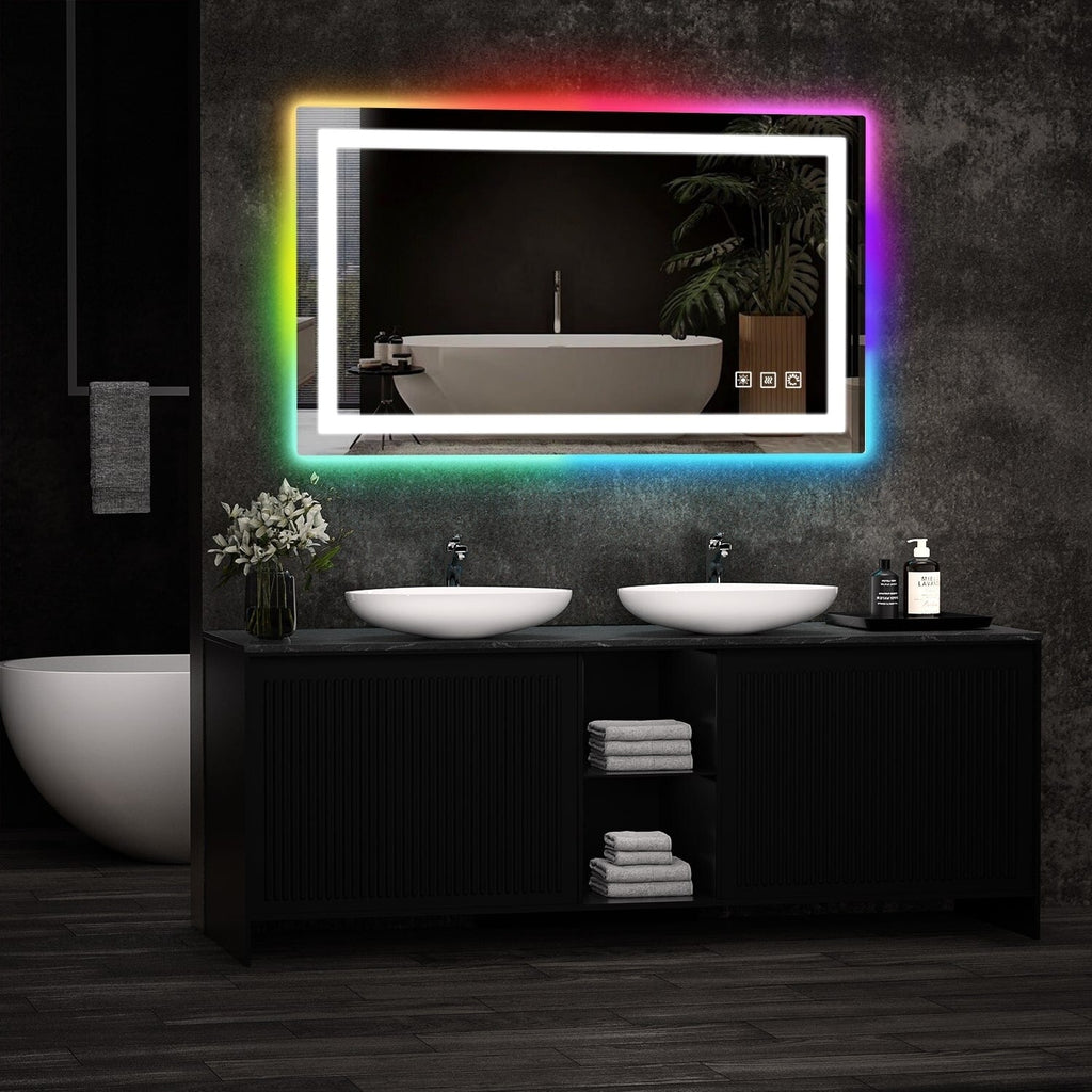 Miroir de salle de bain antibuée rétroéclairé RGB et éclairé par LED