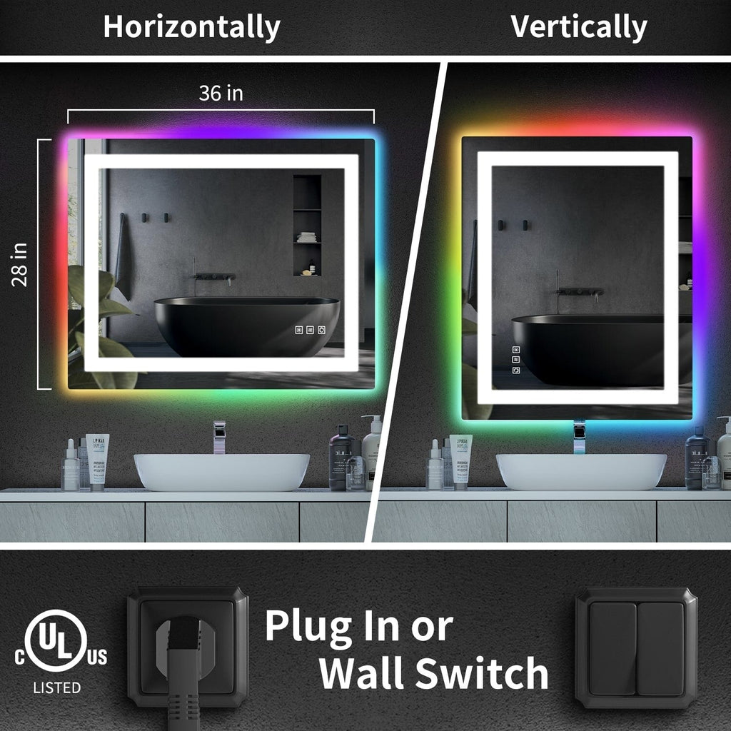 Miroir de salle de bain antibuée rétroéclairé RGB et éclairé par LED