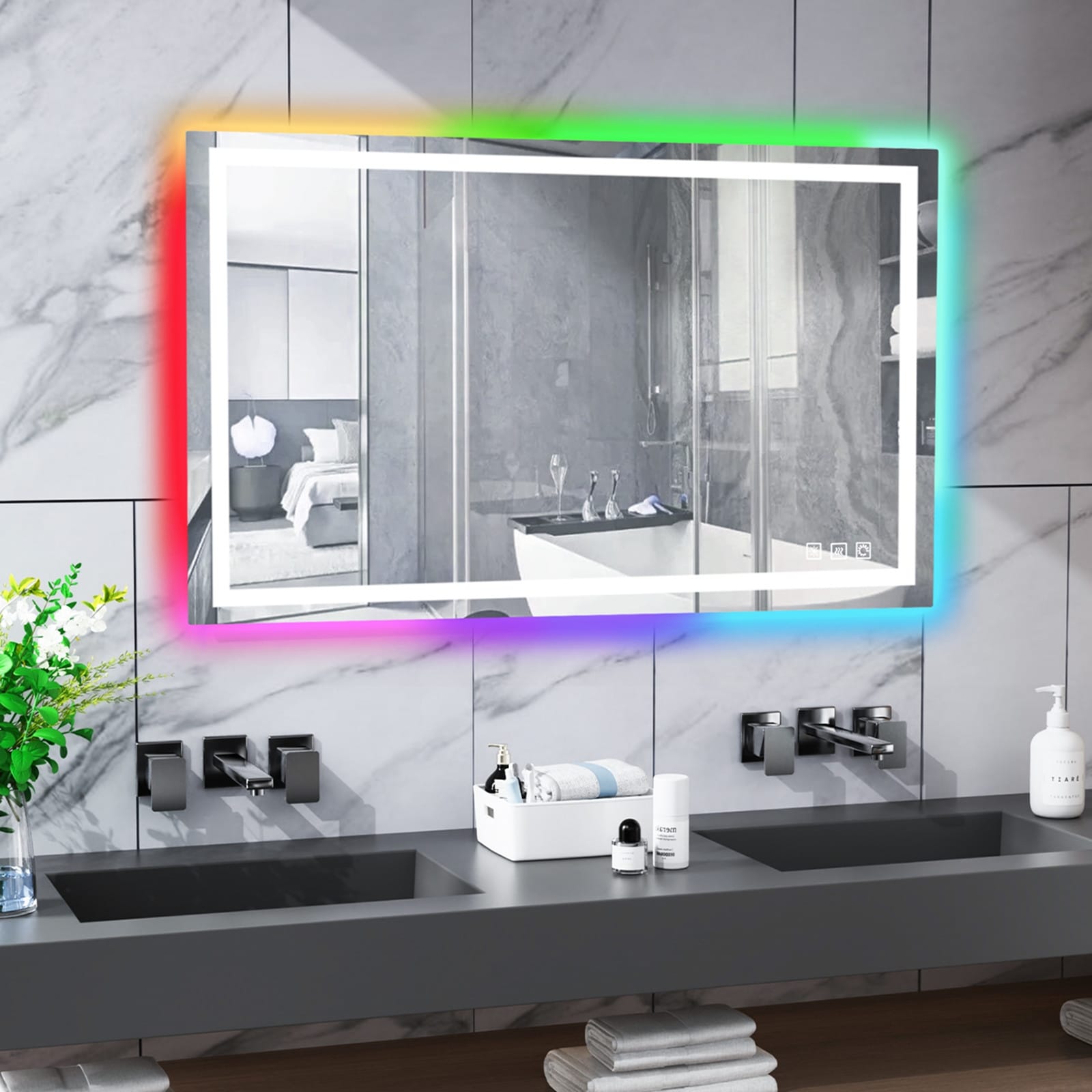 Miroir de salle de bain antibuée rétroéclairé RGB et éclairé par LED