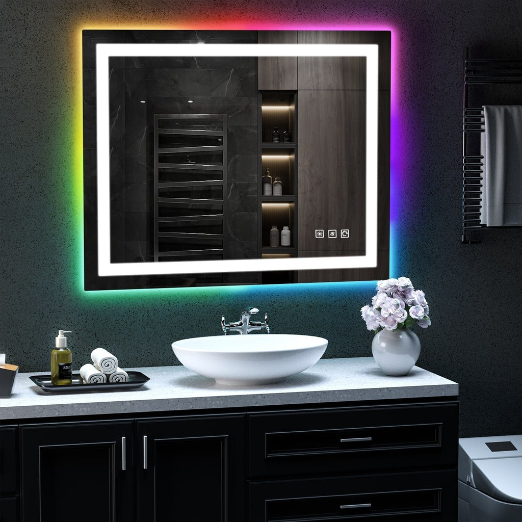 Miroir de salle de bain antibuée rétroéclairé RGB et éclairé par LED