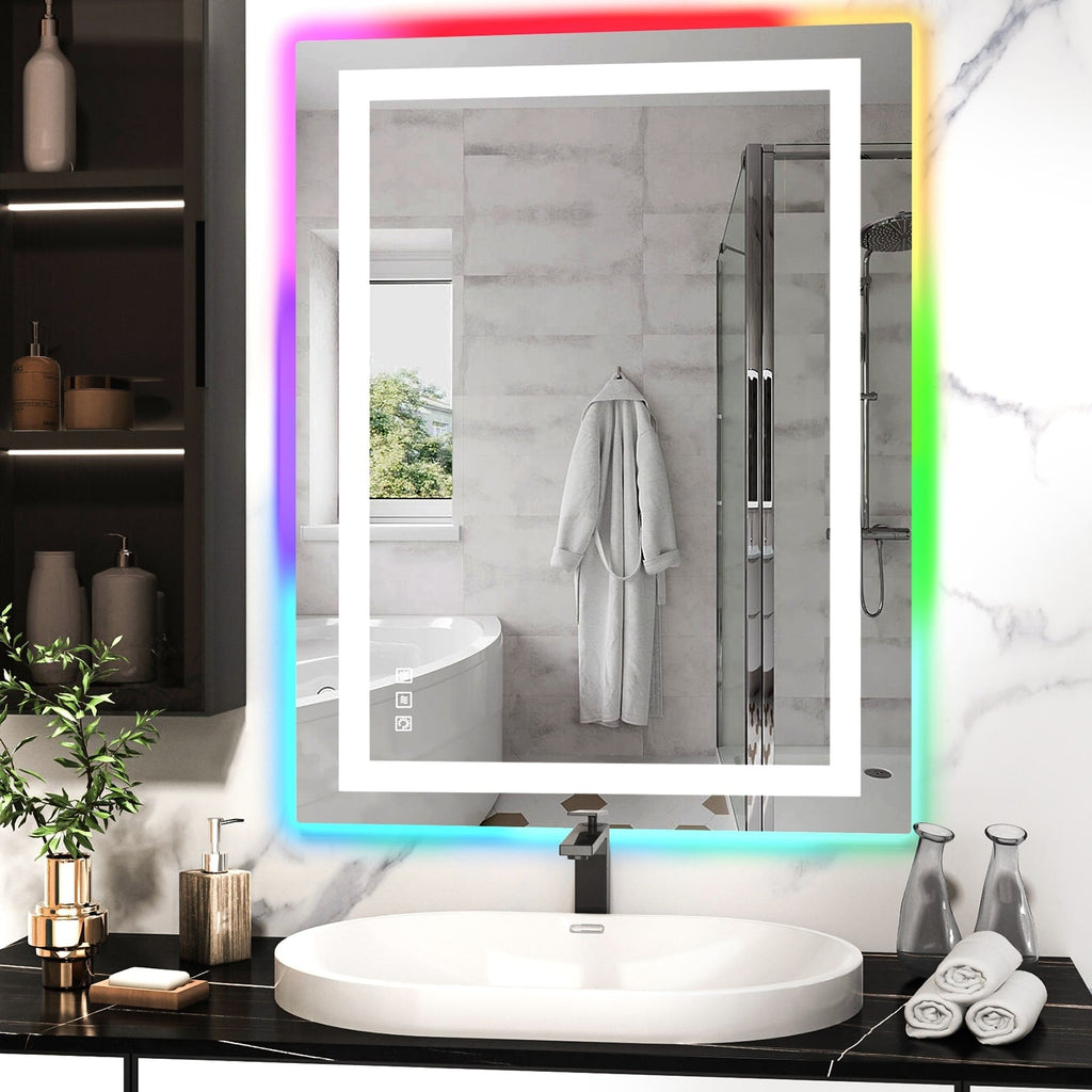 Miroir de salle de bain antibuée rétroéclairé RGB et éclairé par LED