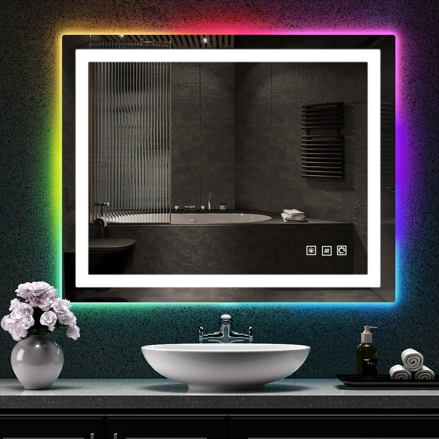 Miroir de salle de bain antibuée rétroéclairé RGB et éclairé par LED