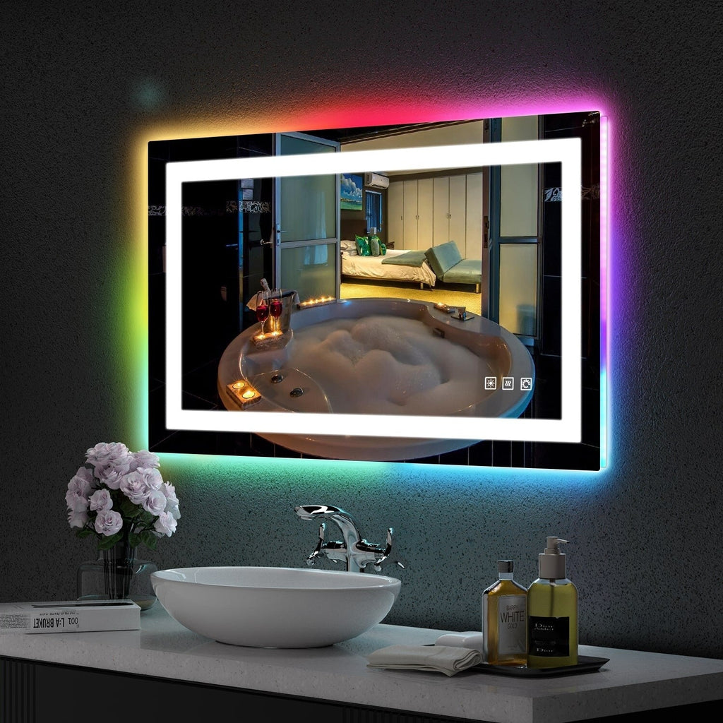 Miroir de salle de bain antibuée rétroéclairé RGB et éclairé par LED