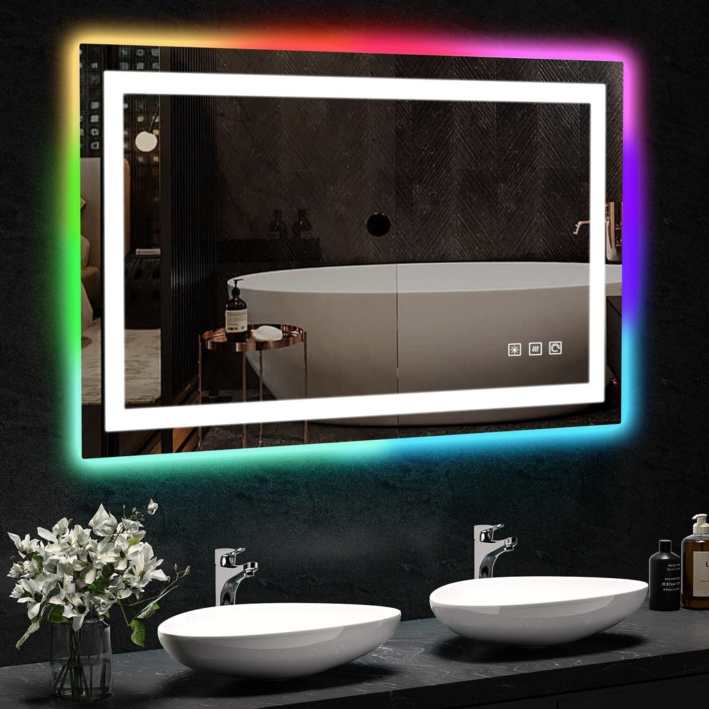 Miroir de salle de bain antibuée rétroéclairé RGB et éclairé par LED