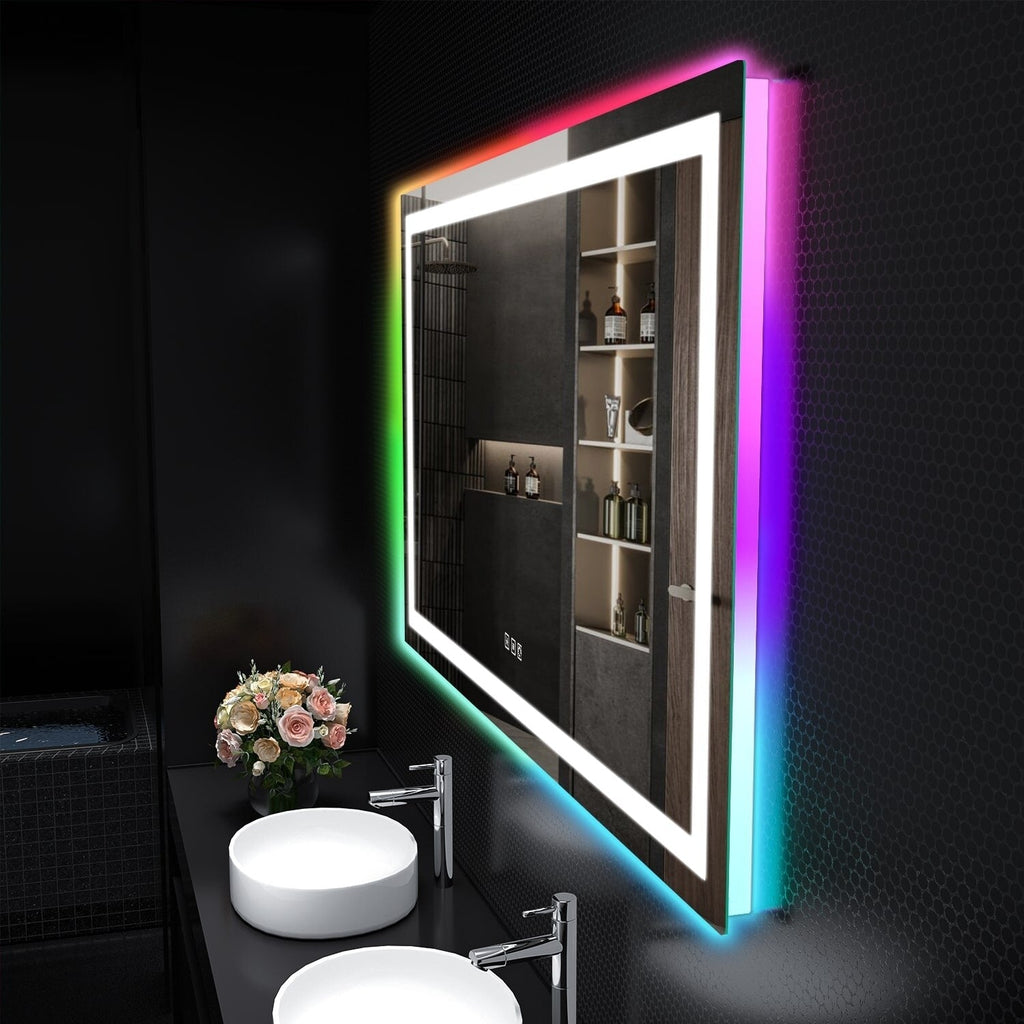 Miroir de salle de bain antibuée rétroéclairé RGB et éclairé par LED