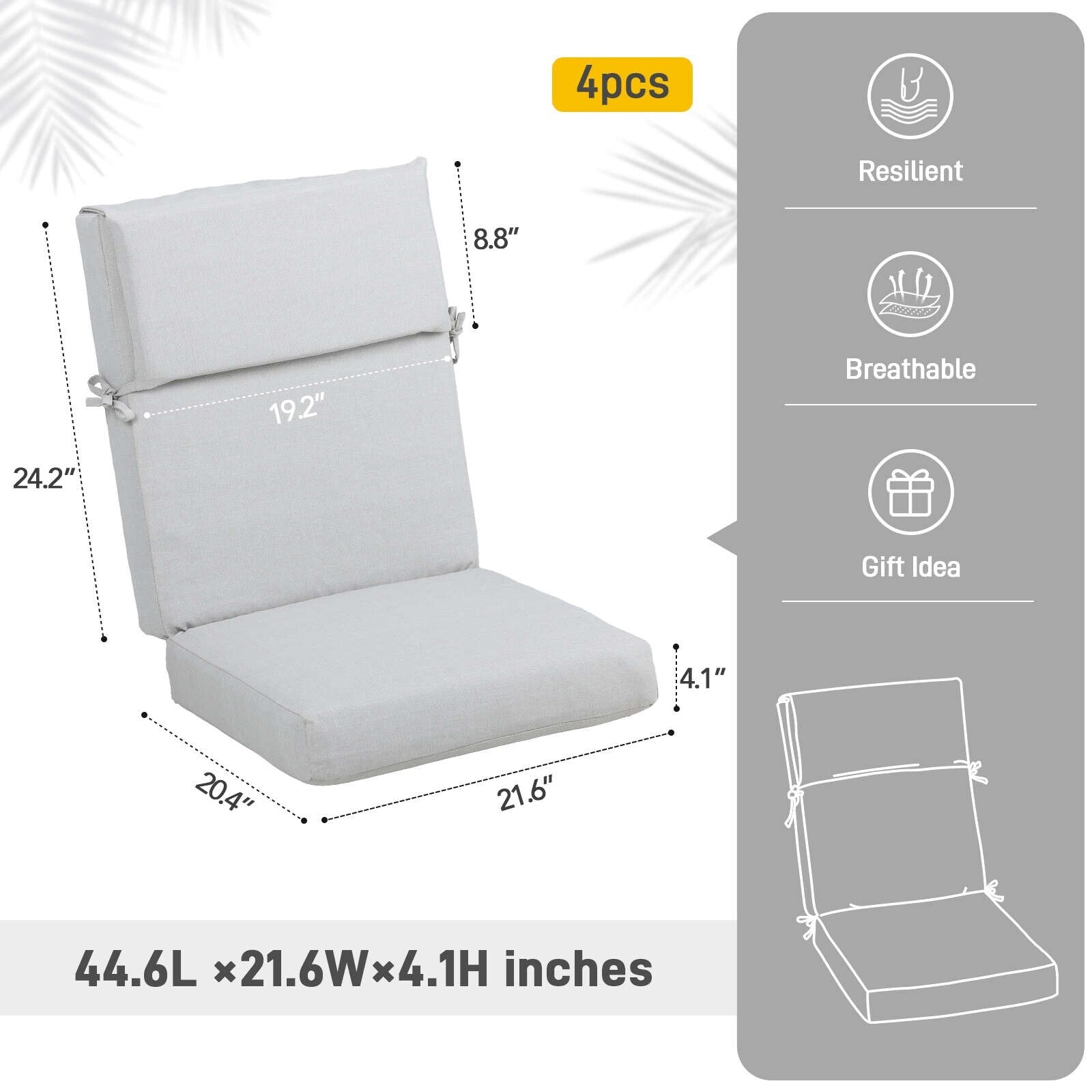 Ensemble de 4 coussins pour chaise de patio à dossier haut Aoodor, 46 x 21 x 4 pouces (coussins seulement)