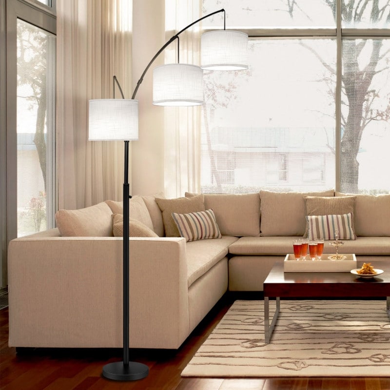 Lampadaire LED arqué à 3 lumières, dimmable, moderne, noir, haut.