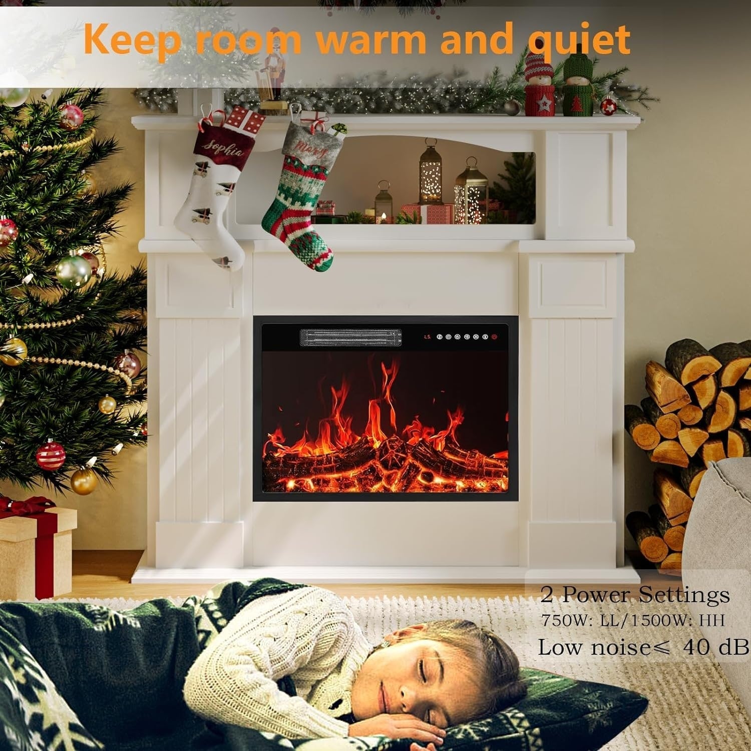 Cheminée électrique BOSSIN 43 avec manteau, insert de cheminée électrique de 58 cm (23 pouces), meuble TV autoportant avec foyer en bois