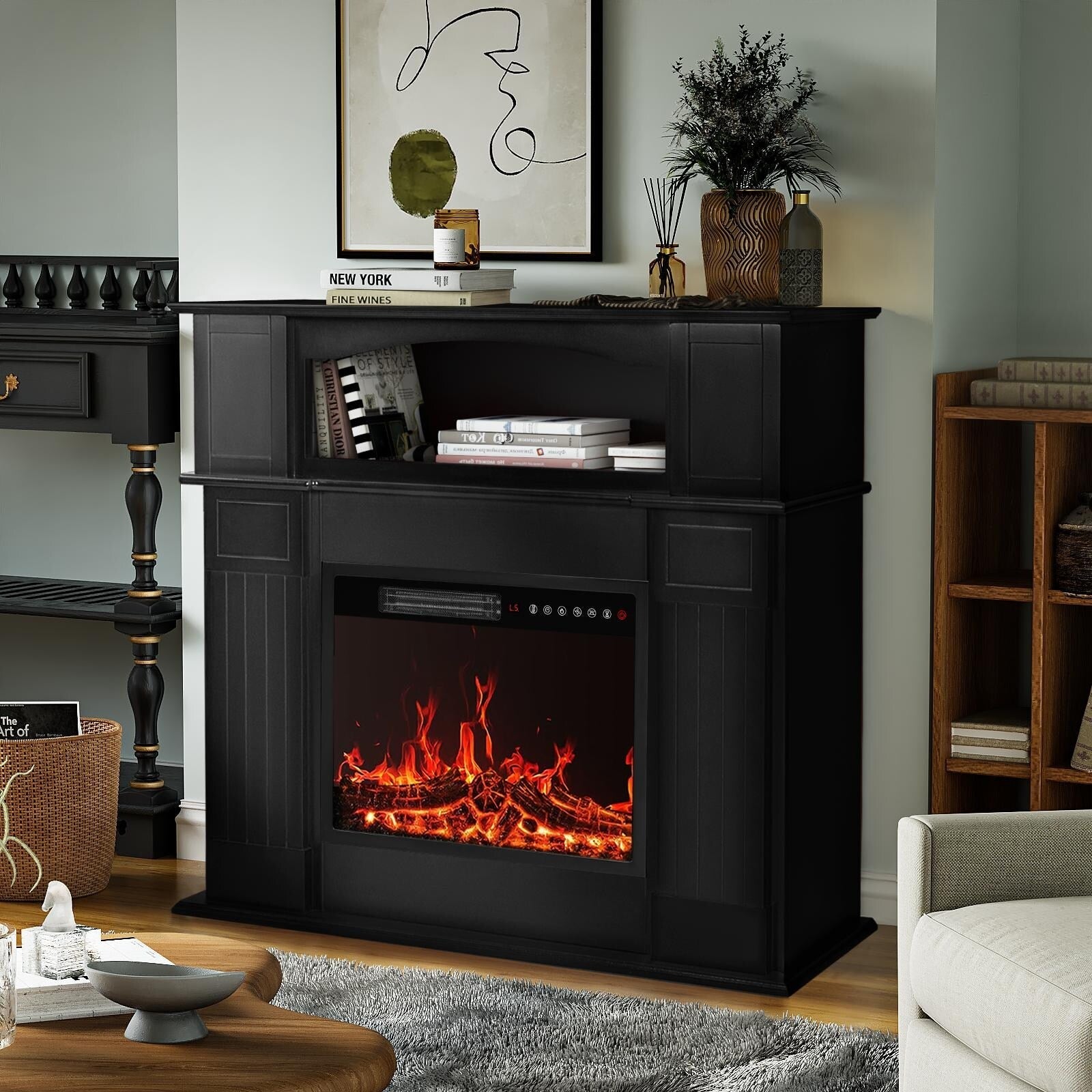 Cheminée électrique BOSSIN 43 avec manteau, insert de cheminée électrique de 58 cm (23 pouces), meuble TV autoportant avec foyer en bois