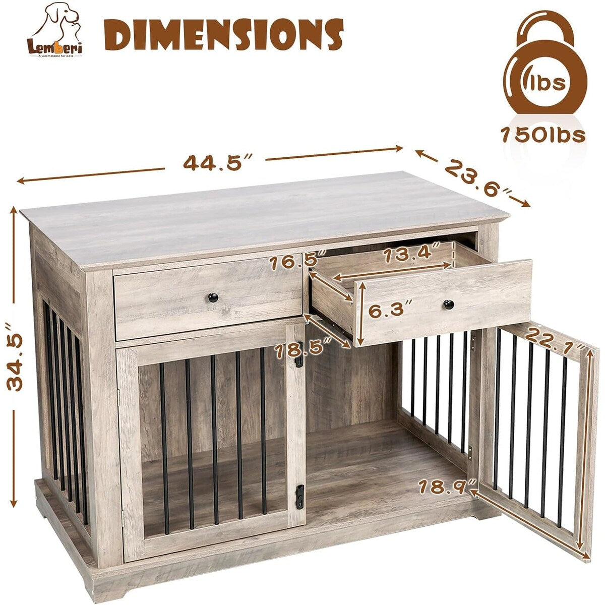 Meuble pour cage de 112 cm (44 pouces) BOSSIN, niche en bois avec table d'appoint et tiroirs de rangement, niche décorative pour animaux de compagnie