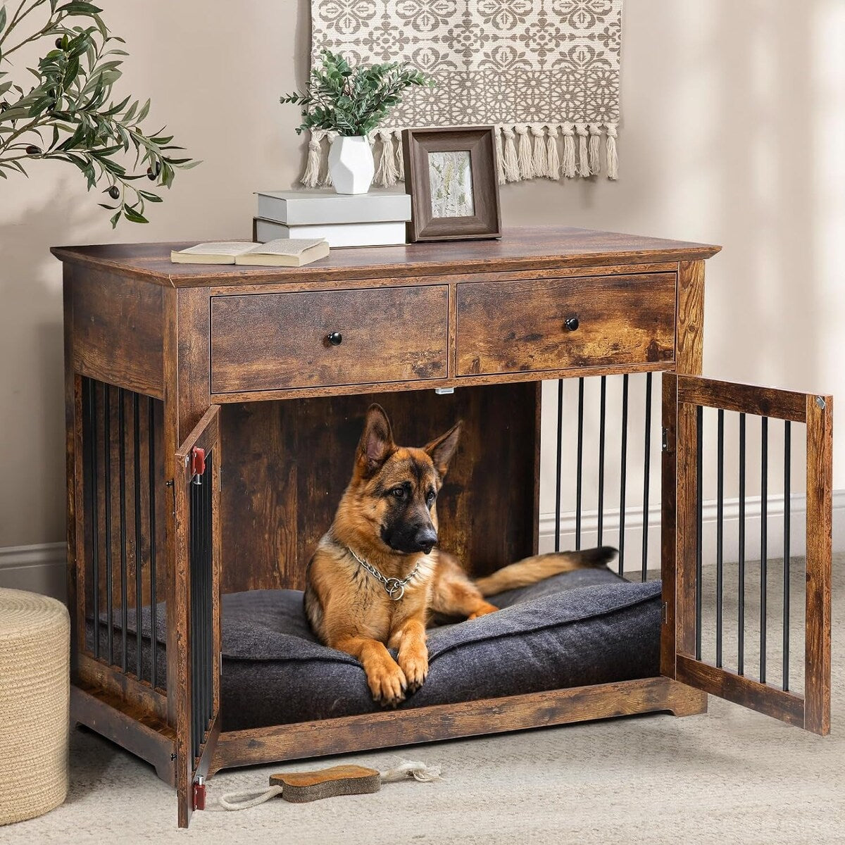 Meuble pour cage de 112 cm (44 pouces) BOSSIN, niche en bois avec table d'appoint et tiroirs de rangement, niche décorative pour animaux de compagnie
