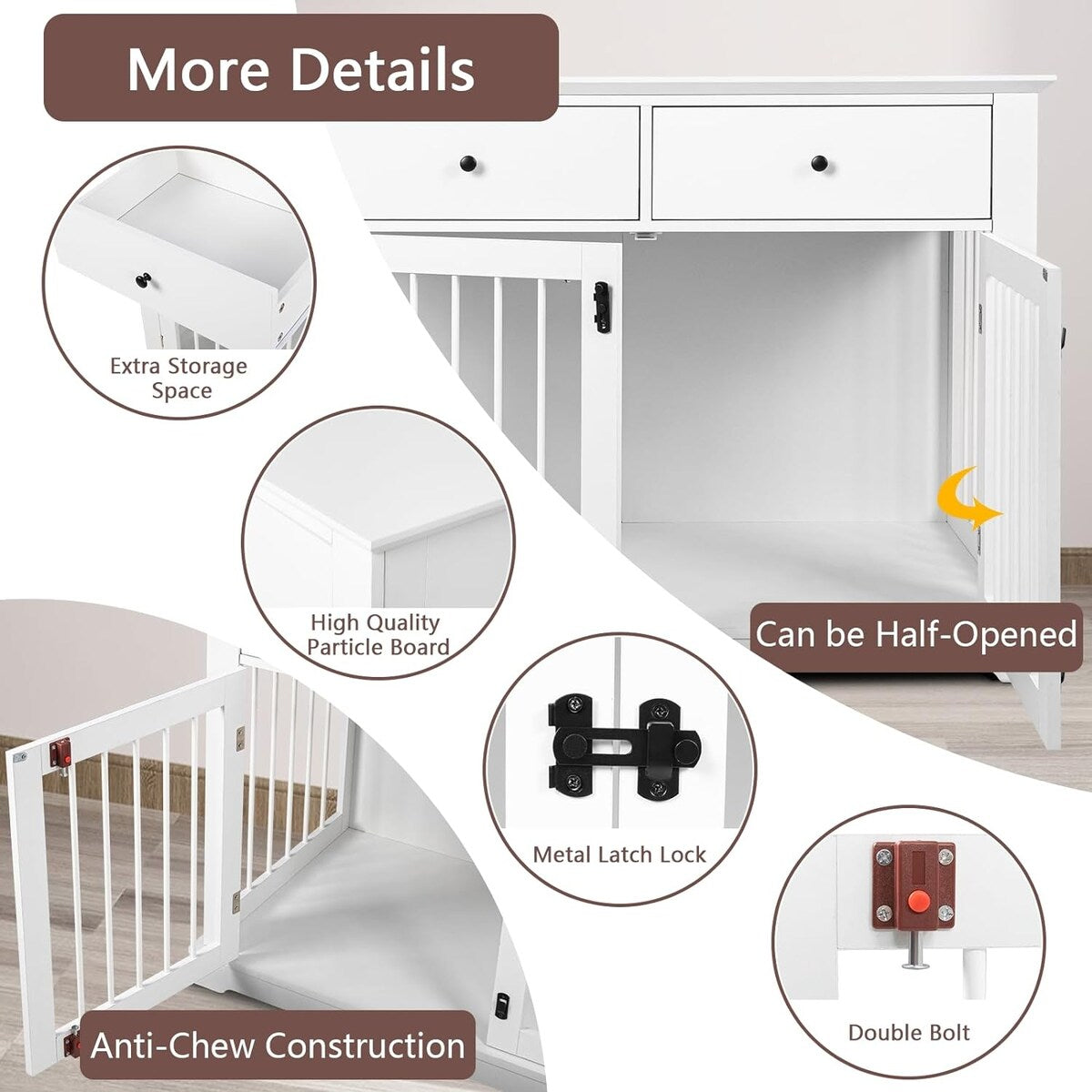 Meuble pour cage de 112 cm (44 pouces) BOSSIN, niche en bois avec table d'appoint et tiroirs de rangement, niche décorative pour animaux de compagnie