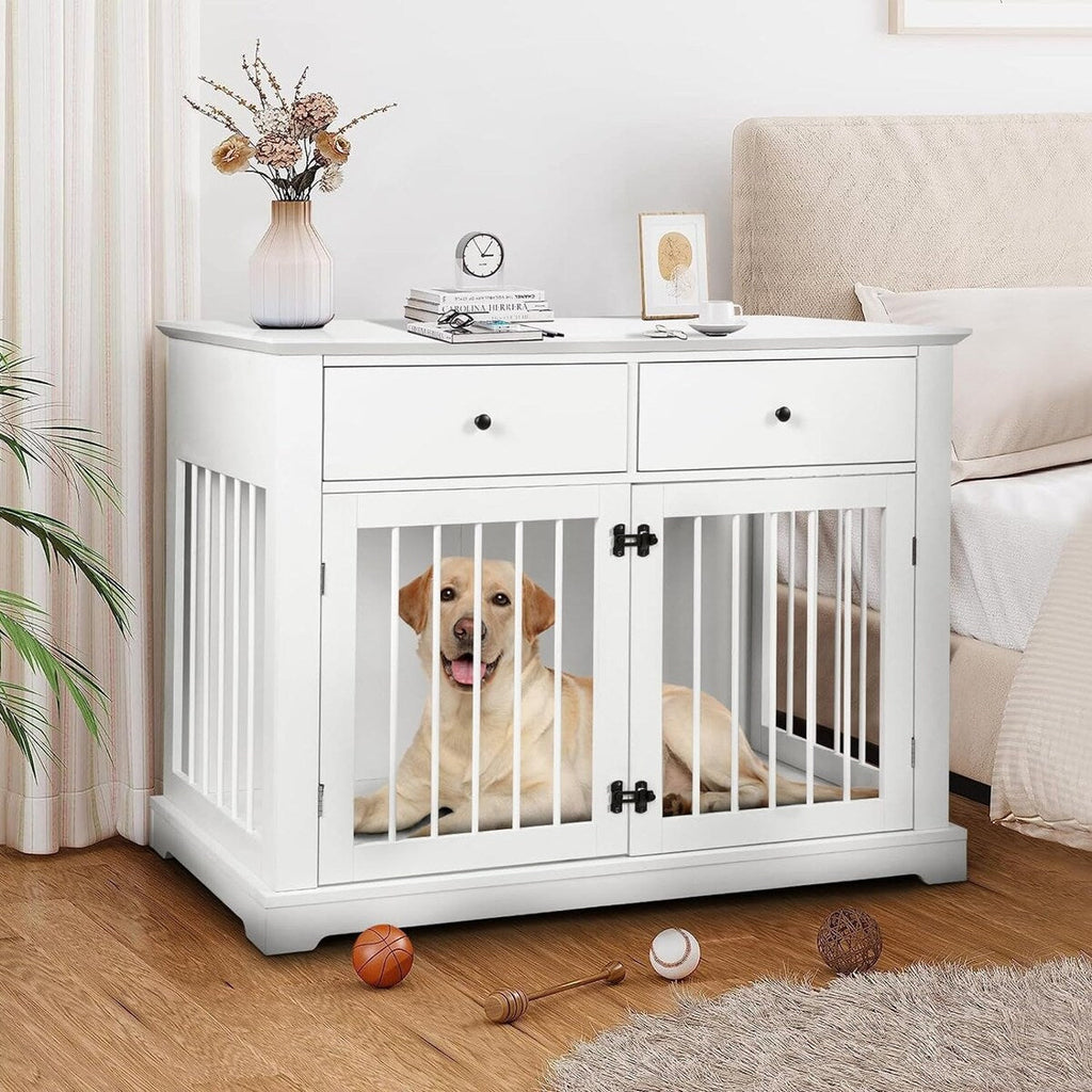 Meuble pour cage de 112 cm (44 pouces) BOSSIN, niche en bois avec table d'appoint et tiroirs de rangement, niche décorative pour animaux de compagnie