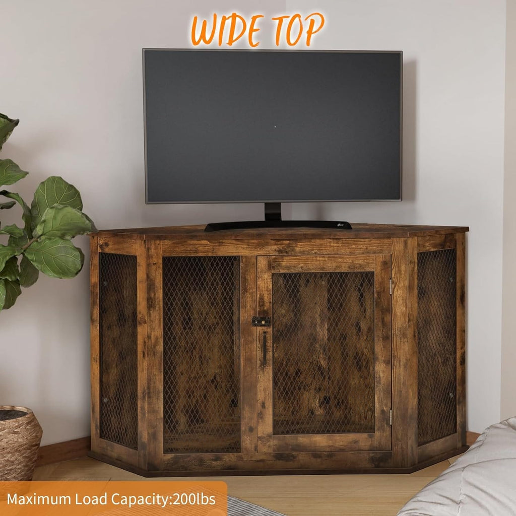 Meuble d'angle pour chien BOSSIN, niche en bois de 44/52 pouces avec filet, niche décorative en bois pour l'intérieur