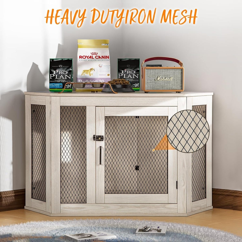 Meuble d'angle pour chien BOSSIN, niche en bois de 44/52 pouces avec filet, niche décorative en bois pour l'intérieur