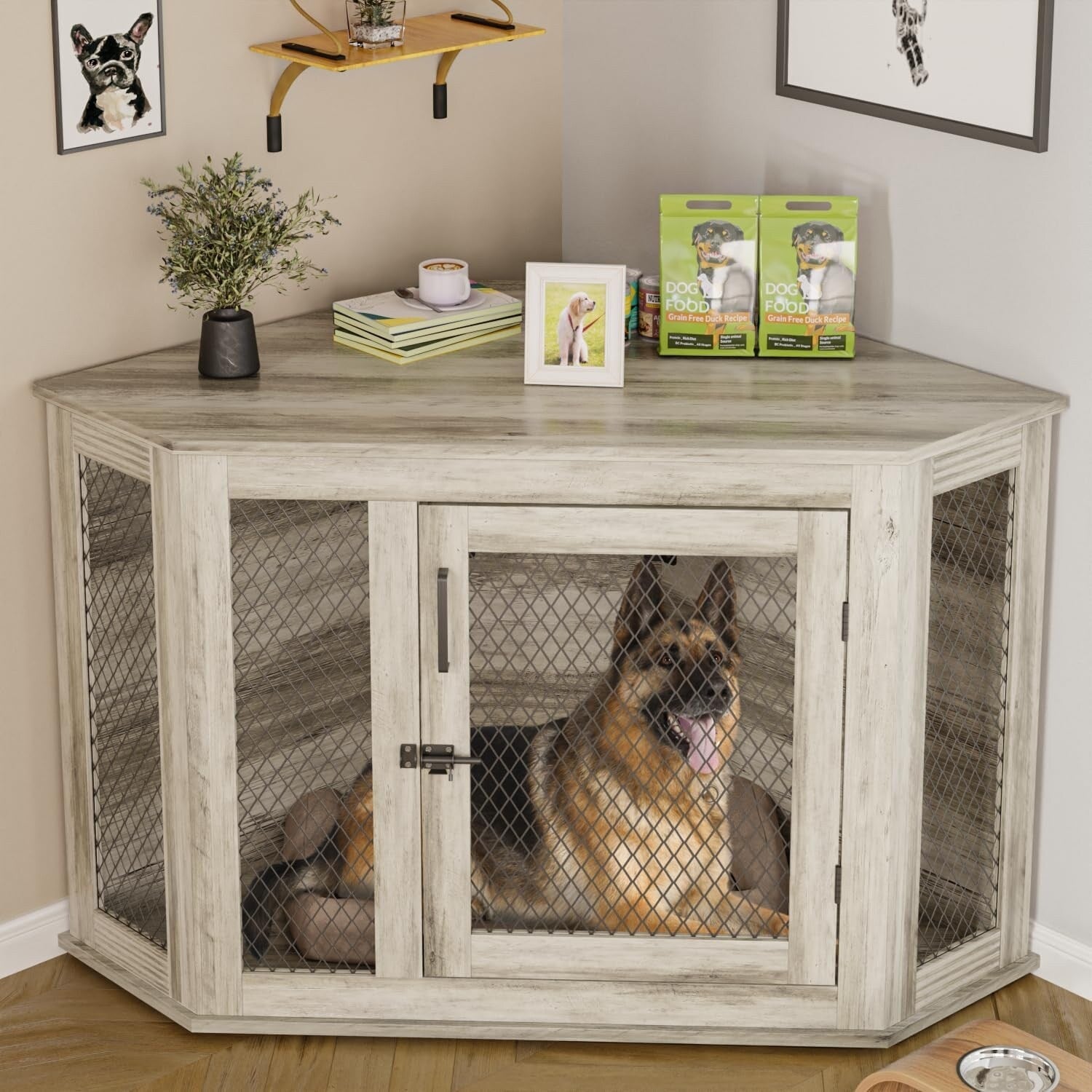 Meuble d'angle pour chien BOSSIN, niche en bois de 44/52 pouces avec filet, niche décorative en bois pour l'intérieur