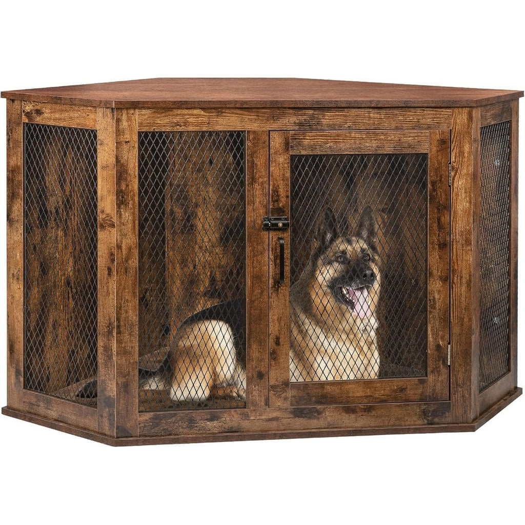 Meuble d'angle pour chien BOSSIN, niche en bois de 44/52 pouces avec filet, niche décorative en bois pour l'intérieur