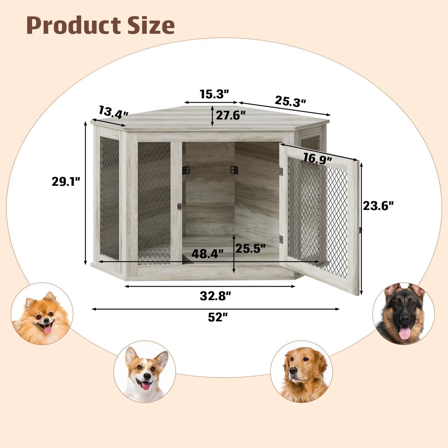Meuble d'angle pour chien BOSSIN, niche en bois de 44/52 pouces avec filet, niche décorative en bois pour l'intérieur