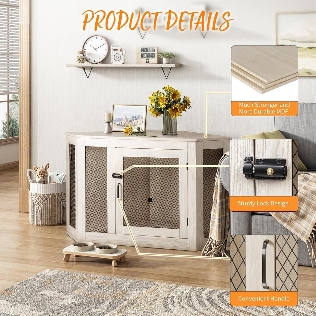 Meuble d'angle pour chien BOSSIN, niche en bois de 44/52 pouces avec filet, niche décorative en bois pour l'intérieur