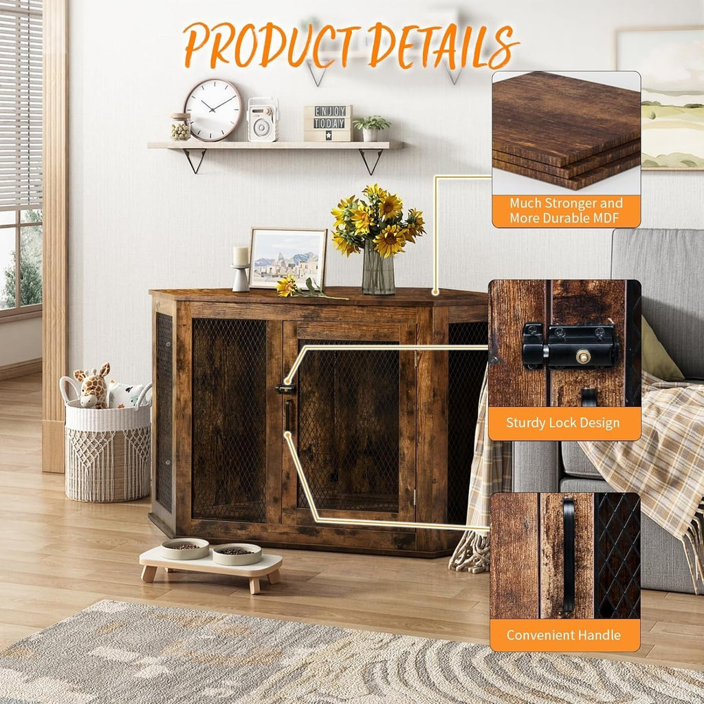 Meuble d'angle pour chien BOSSIN, niche en bois de 44/52 pouces avec filet, niche décorative en bois pour l'intérieur