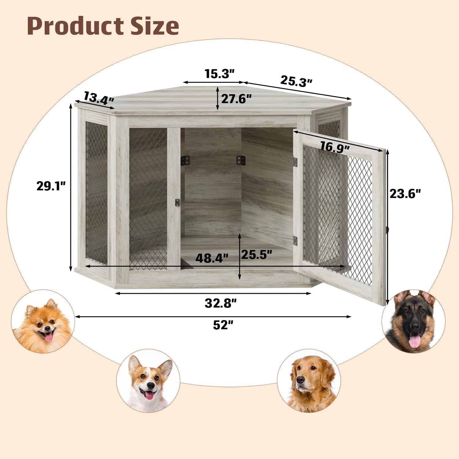 Meuble d'angle pour chien BOSSIN, niche en bois de 44/52 pouces avec filet, niche décorative en bois pour l'intérieur