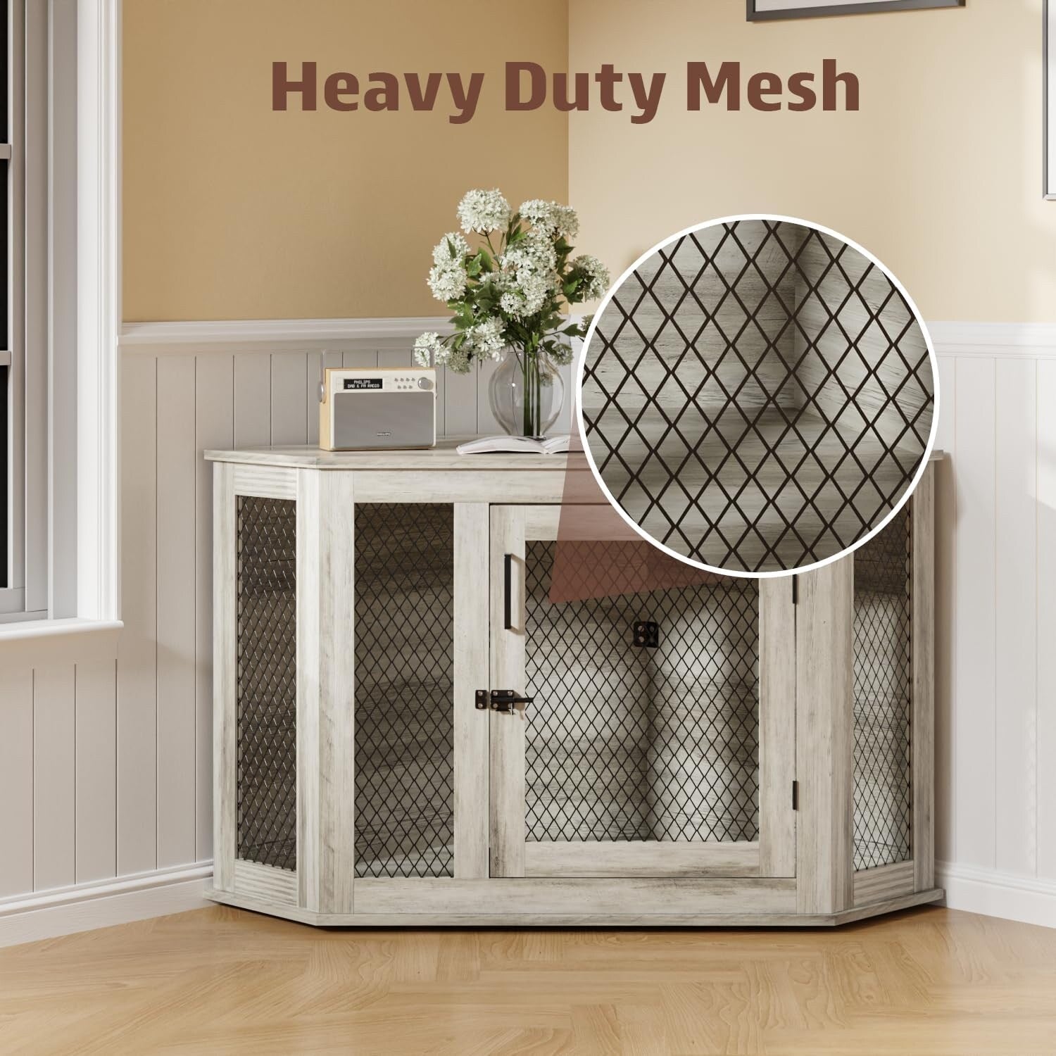 Meuble d'angle pour chien BOSSIN, niche en bois de 44/52 pouces avec filet, niche décorative en bois pour l'intérieur