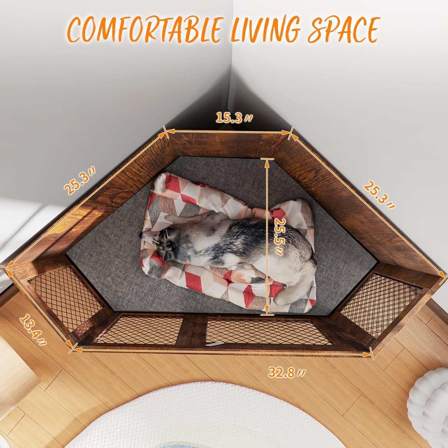Meuble d'angle pour chien BOSSIN, niche en bois de 44/52 pouces avec filet, niche décorative en bois pour l'intérieur