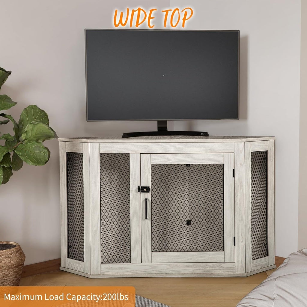 Meuble d'angle pour chien BOSSIN, niche en bois de 44/52 pouces avec filet, niche décorative en bois pour l'intérieur