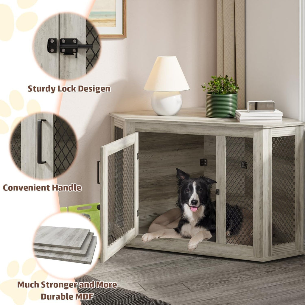 Meuble d'angle pour chien BOSSIN, niche en bois de 44/52 pouces avec filet, niche décorative en bois pour l'intérieur